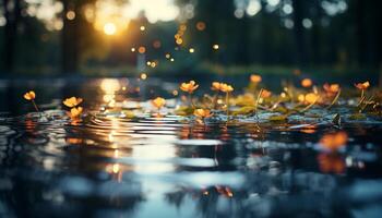 ai generiert still Szene, Wasser Oberfläche spiegelt beschwingt Herbst Farben generiert durch ai foto