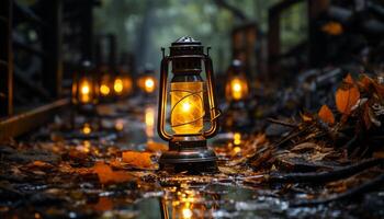 ai generiert glühend Laterne leuchtet dunkel Herbst Nacht im Natur generiert durch ai foto