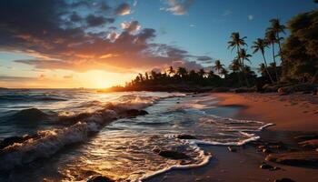 ai generiert Sonnenuntergang Über tropisch Küste, Wellen reflektieren Orange Schönheit generiert durch ai foto