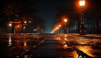 ai generiert Stadt Straße beleuchtet durch Straße Beleuchtung beim Dämmerung generiert durch ai foto