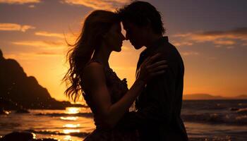 ai generiert jung Paar umarmen, genießen Sonnenuntergang, Liebe und Glück generiert durch ai foto
