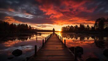 ai generiert still Szene von Sonnenuntergang Über Wasser und Steg generiert durch ai foto