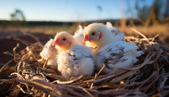 ai generiert süß Baby Hähnchen Schraffur im ein Bauernhof generiert durch ai foto