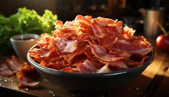 ai generiert Frische auf Teller Gourmet Prosciutto, geräuchert Schweinefleisch generiert durch ai foto