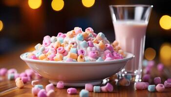 ai generiert Süss Süßigkeiten auf ein Rosa Tisch, Genuss und Feier generiert durch ai foto