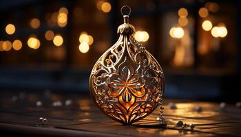 ai generiert Weihnachten Ornament glühend auf Tisch, umgeben durch Dekorationen generiert durch ai foto