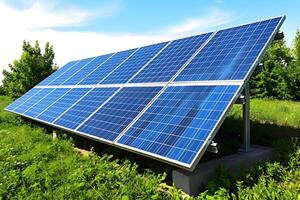 ai generiert Solar- Panel Tafel und Grün Pflanzen mit hell Blau Himmel foto