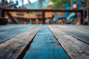 ai generiert hölzern Tabelle mit verschwommen Öffentlichkeit Kind Spielplatz, spielerisch Rahmen foto