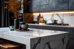 ai generiert luxuriös Küche Design mit Marmor Stein Arbeitsplatte Hintergrund foto