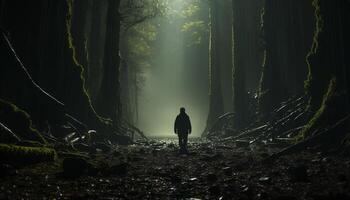 ai generiert gespenstisch Silhouette Gehen im dunkel Wald, mysteriös Abenteuer generiert durch ai foto