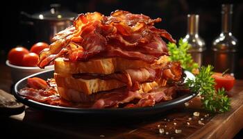 ai generiert gegrillt Schweinefleisch Scheibe auf Holz Platte, gesund Essen generiert durch ai foto