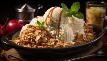 ai generiert Frische und Süße im ein Gourmet Obst Dessert generiert durch ai foto