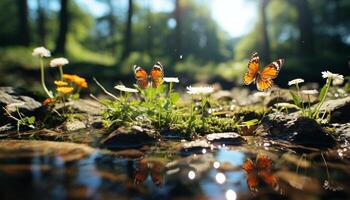 ai generiert Frische von Sommer, Grün Wiese, Schmetterling auf Blume generiert durch ai foto