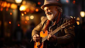 ai generiert einer Mann spielen Gitarre, draußen, lächelnd, Nacht generiert durch ai foto