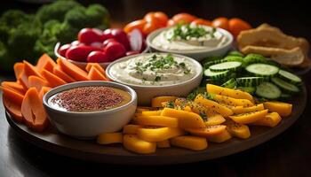 ai generiert Frische und gesund Essen auf ein Vegetarier Teller generiert durch ai foto