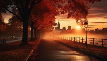 ai generiert Herbst Dämmerung, Stadtbild Silhouette, Wolkenkratzer beleuchtet, Gelb Blatt generiert durch ai foto