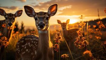 ai generiert süß Hirsch Weiden lassen im Wiese beim Sonnenuntergang generiert durch ai foto