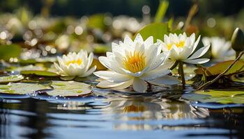 ai generiert Lotus Wasser Lilie schwebend auf still Teich generiert durch ai foto