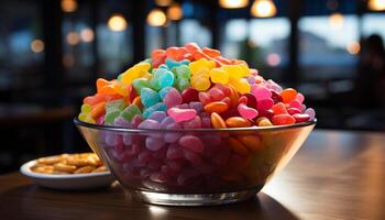 ai generiert multi farbig Süßigkeiten Schüssel auf Tisch, ein Süss Genuss generiert durch ai foto