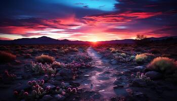 ai generiert still Szene, Sonnenuntergang Farben lila Horizont Über Berge generiert durch ai foto
