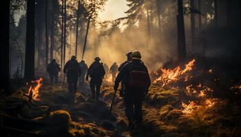 ai generiert Männer Wandern im das Wald, Lagerfeuer Verbrennung hell generiert durch ai foto