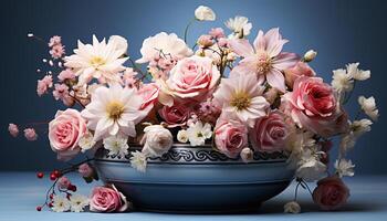 ai generiert romantisch Strauß von frisch Blumen auf hölzern Tabelle generiert durch ai foto