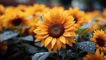 ai generiert beschwingt Sonnenblume Blüte, nass mit Tau im Frühling generiert durch ai foto