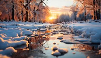 ai generiert Winter Wald, still Szene, gefroren Schönheit, schneebedeckt Landschaft generiert durch ai foto