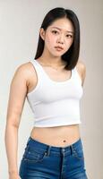 ai generiert Foto von schön jung asiatisch Frau mit Ernte Weiß oben und Jeans Stehen beim Weiß Hintergrund, generativ ai