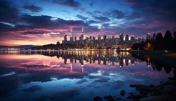 ai generiert Stadt Horizont spiegelt im still Wasser beim Dämmerung generiert durch ai foto