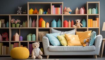 ai generiert komfortabel Leben Zimmer mit süß Teddy Bär Spielzeug generiert durch ai foto