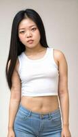 ai generiert Foto von schön jung asiatisch Frau mit Ernte Weiß oben und Jeans Stehen beim Weiß Hintergrund, generativ ai