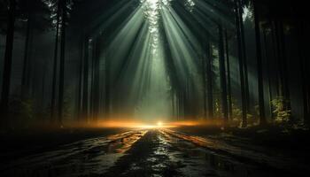 ai generiert mysteriös Wald beim Nacht, beleuchtet durch Licht Strahl generiert durch ai foto