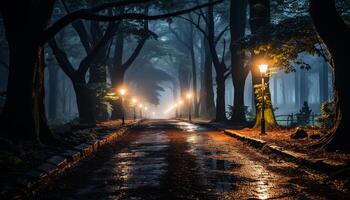 ai generiert gespenstisch Herbst Wald beleuchtet durch Laternen beim Dämmerung generiert durch ai foto