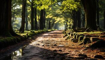 ai generiert still Szene von Herbst Wald, Sonnenlicht durch Bäume generiert durch ai foto