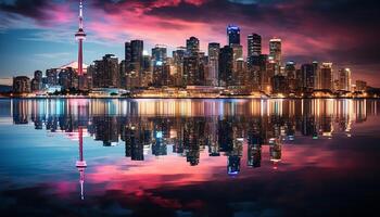 ai generiert Wolkenkratzer Stadtbild beim Nacht, reflektieren städtisch Horizont generiert durch ai foto