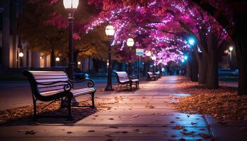 ai generiert beleuchtet Straße Licht, Laterne, Bank, Herbst Baum generiert durch ai foto