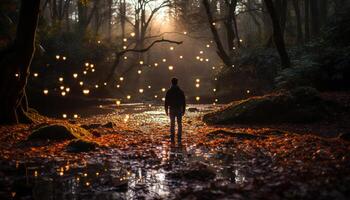 ai generiert Silhouette Gehen im dunkel Wald, umgeben durch Geheimnis generiert durch ai foto