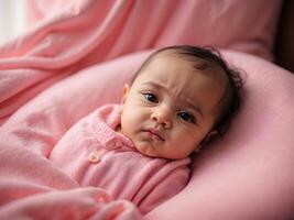 ai generiert süß wenig Neu geboren Baby Mädchen im Rosa Porträt Hintergrund, bezaubernd Kleinkind, Hintergrund, foto