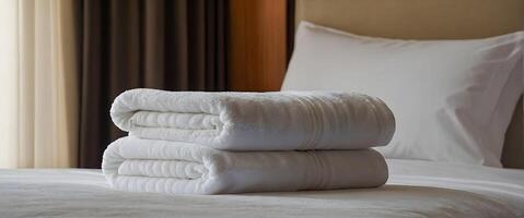 ai generiert einstellen von sauber Weiß Handtücher einstellen gestapelt auf Bett im Hotel Zimmer, Freizeit, Ferien und Reise Konzept, Vorlage, Hintergrund, Banner mit Kopieren Raum Bereich foto