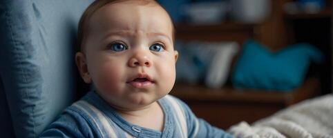 ai generiert süß wenig Neu geboren Baby Junge Blau Augen Porträt Hintergrund, bezaubernd Kleinkind, Hintergrund, foto