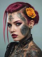 ai generiert Porträt von schön Cyber Punk jung tätowiert Frau, futuristisch Mode Konzept foto
