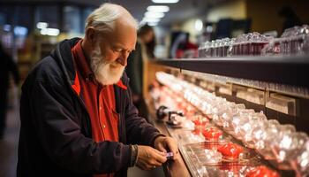 ai generiert Senior Mann wählen Wein Flasche im ein Supermarkt generiert durch ai foto