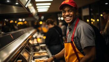 ai generiert afrikanisch amerikanisch Mann lächelnd, Stehen im Bar, Arbeiten generiert durch ai foto