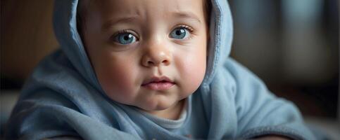 ai generiert süß wenig Neu geboren Baby Junge Blau Augen Porträt Hintergrund, bezaubernd Kleinkind, Hintergrund, foto