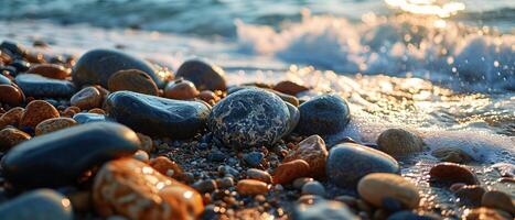 ai generiert Kieselsteine gestapelt im ein Pyramide Formation auf ein Strand, mit sanft Wellen und ein golden Sonnenuntergang foto