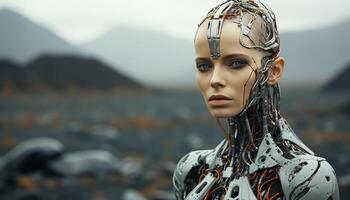 ai generiert jung Frau, futuristisch Cyborg, suchen beim Kamera draußen generiert durch ai foto