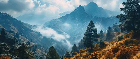 ai generiert Herbst Pracht im robust Berg Terrain foto