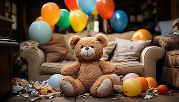ai generiert lächelnd Kind spielen mit bunt Luftballons beim Geburtstag Party generiert durch ai foto