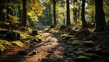 ai generiert still Szene von Herbst Wald, Sonnenlicht durch Bäume generiert durch ai foto